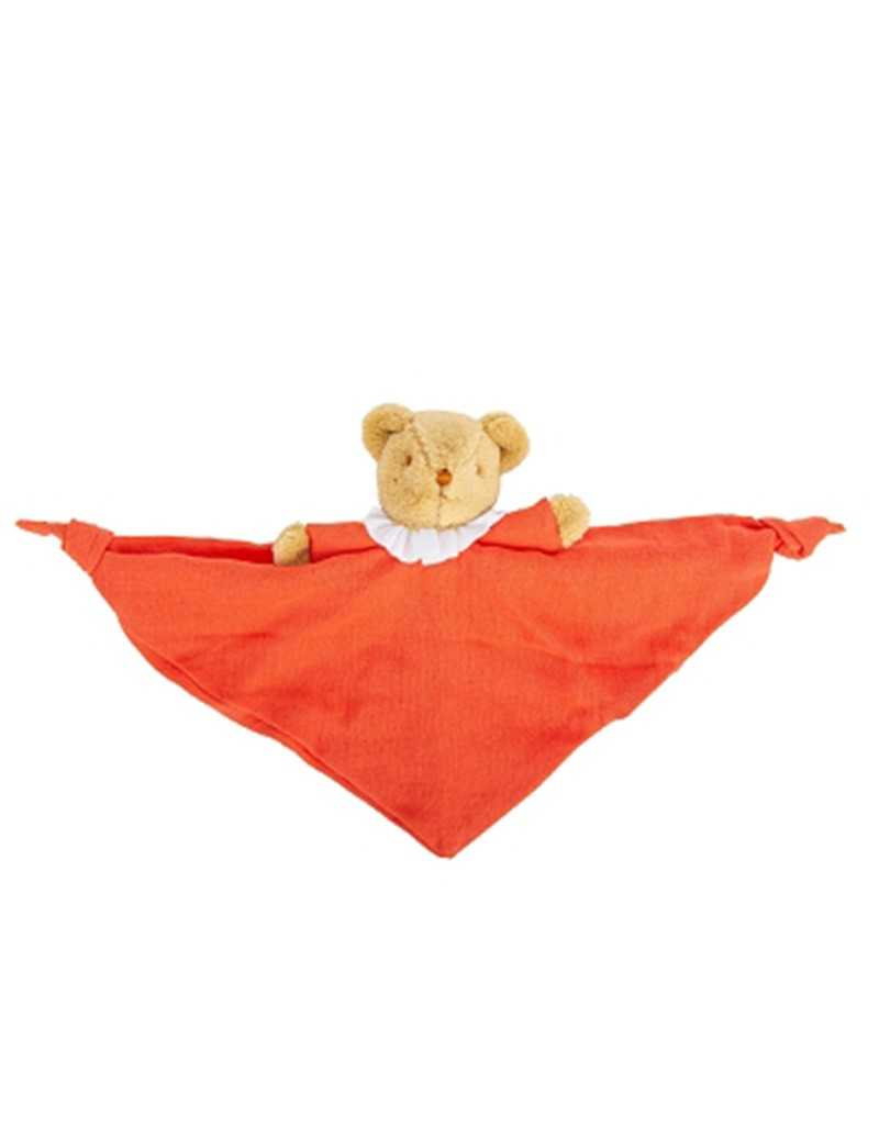 Doudou ours chiffon orange en coton bio corail avec un hochet - 